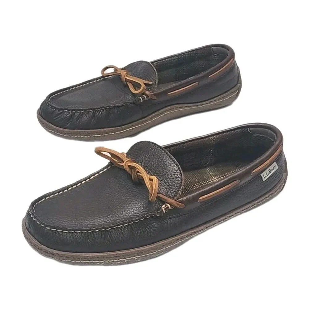LL Bean Slipper Driving Loafer Men Sz 9 Brown Leather Flannel Line Moccasin Shoe
